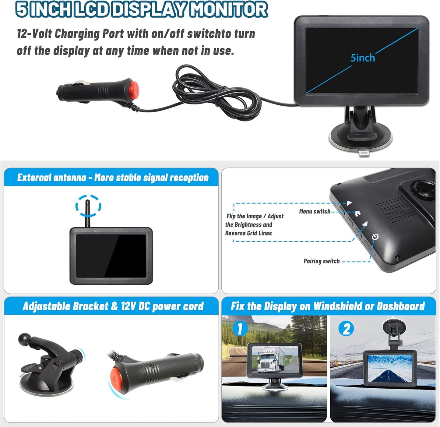 2 Magnetic Wireless Backup Cameras HD 1080P with 5" Split Screen Monitor